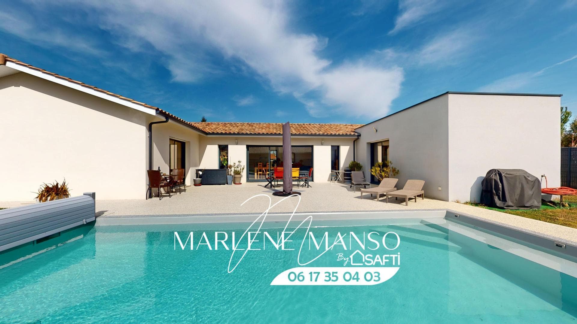 Maison 3 chambres, 1 bureau, garage et piscine